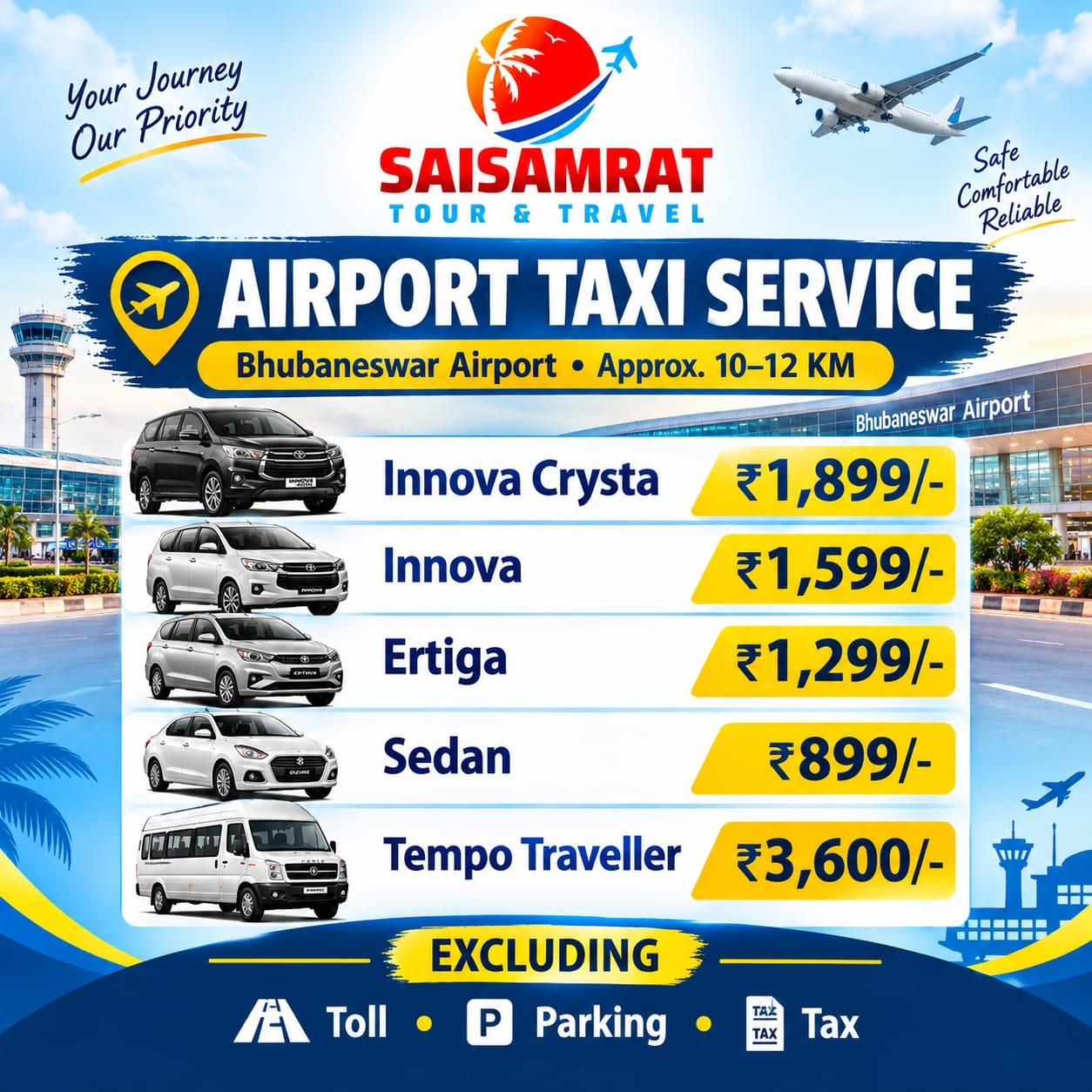Bhubaneswar airport taxi fare list by Sai Samrat Tours and Travels - Innova Crysta, Innova, Ertiga, Sedan and Tempo Traveller rates to and from Biju Patnaik International Airport