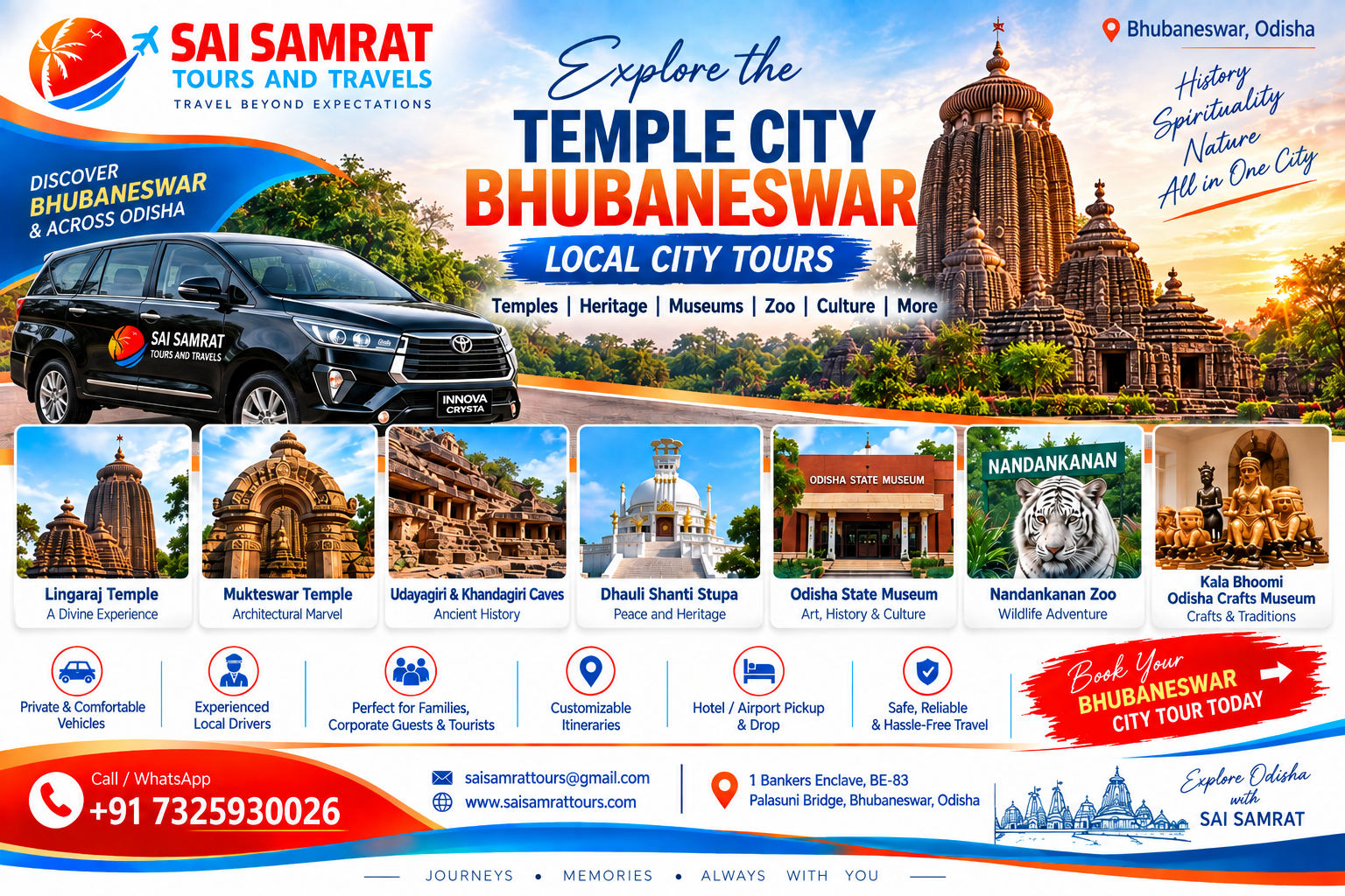 Bhubaneswar local city tour - Lingaraj Temple, Mukteswar Temple, Udayagiri & Khandagiri Caves, Dhauli Shanti Stupa, Odisha State Museum, Nandankanan Zoo and Kala Bhoomi