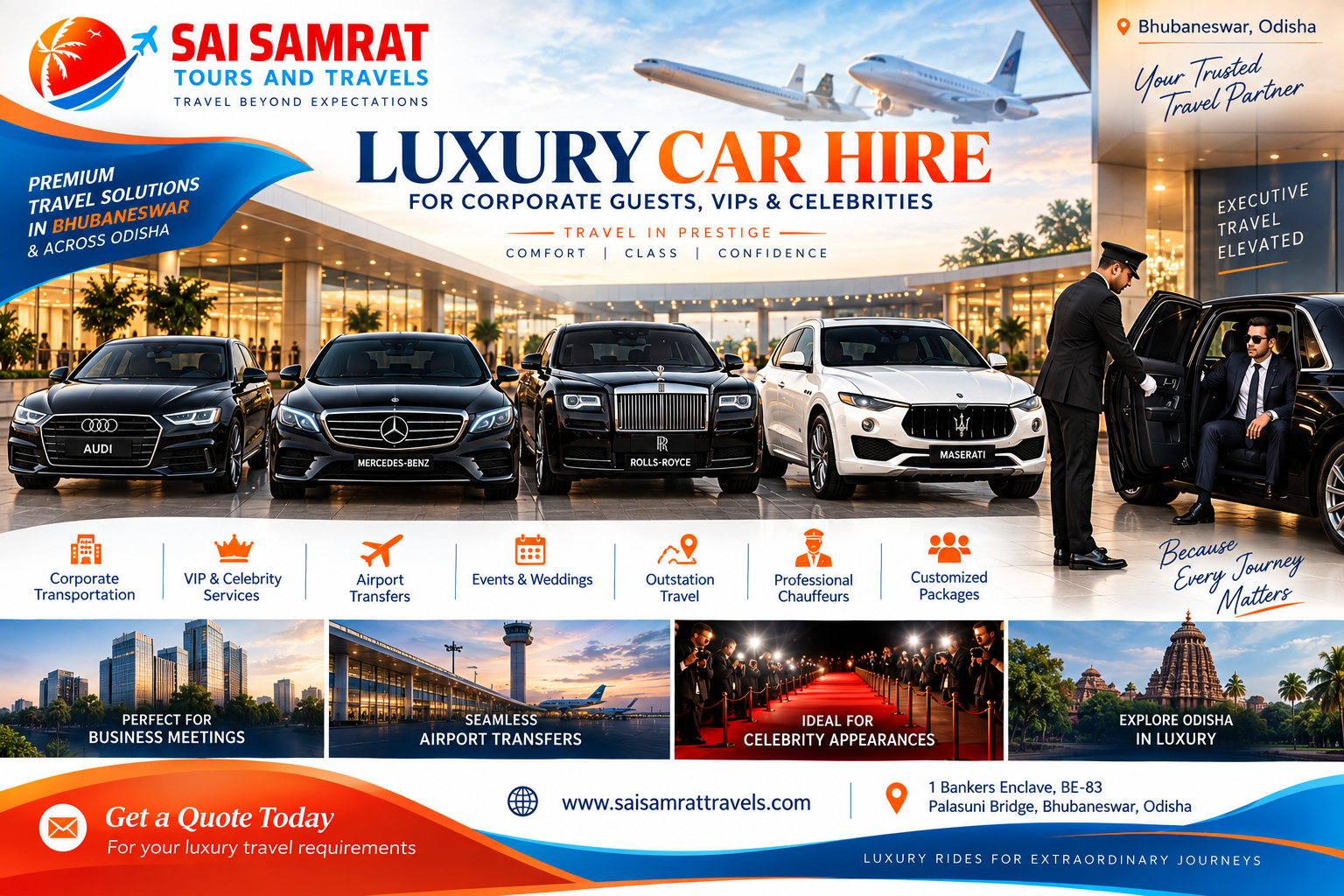 Luxury car hire in Bhubaneswar for corporate guests, VIPs and celebrities - Audi, Mercedes-Benz, Rolls-Royce and Maserati chauffeur-driven fleet
