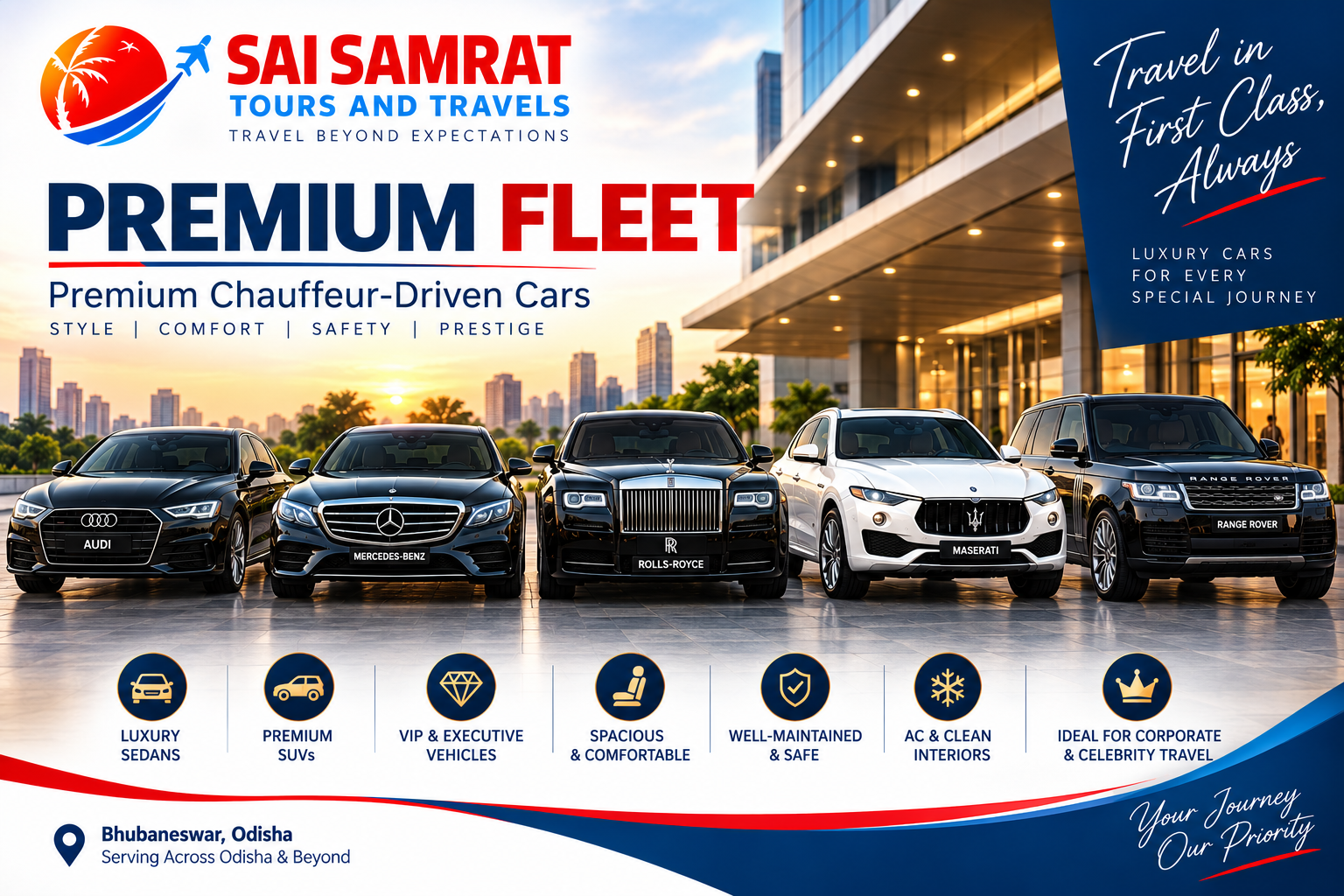 Premium chauffeur-driven luxury car fleet in Bhubaneswar - Audi, Mercedes-Benz, Rolls-Royce, Maserati and Range Rover